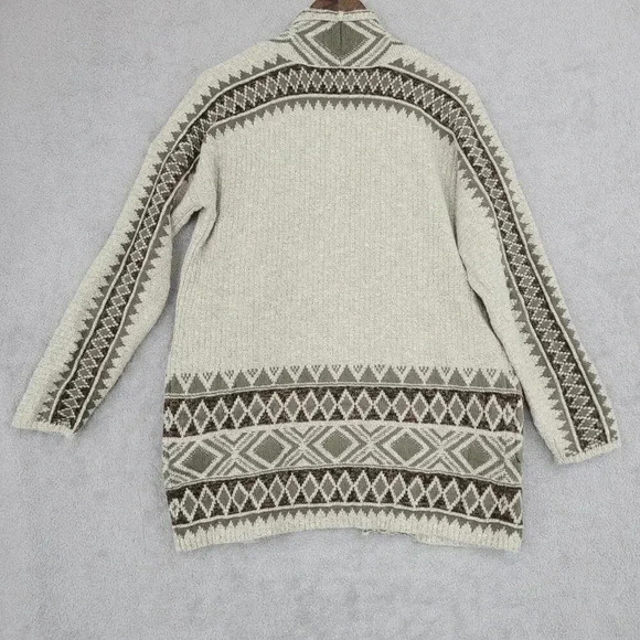 Lucky Brand Womens Cardigan Sweater M Beige Green Geometric Pattern Cotton 6PT - Picture 2 of 7